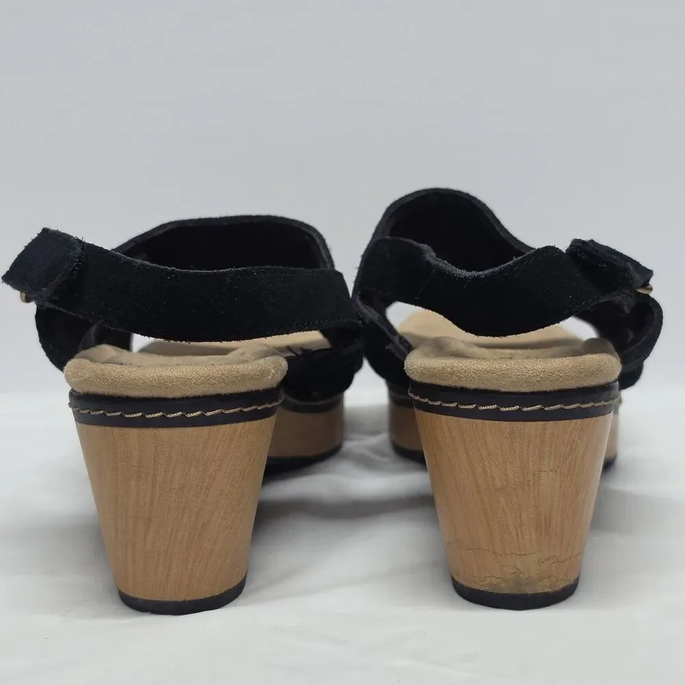 Clarks Seannah Glow Suede Wedge Sandal In Black Womens Sz 10 Wide Slingback